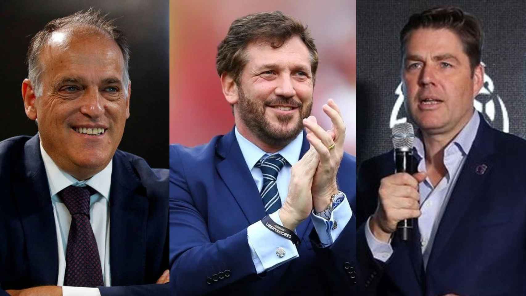 Javier Tebas (Liga), Alejandro Domínguez (CONMEBOL) y Richard Masters (Premier League), en un fotomontaje / Culemania