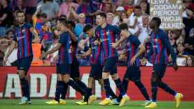 Los jugadores del Barça, celebrando un gol, durante la disputa del Trofeo Joan Gamper / FCB