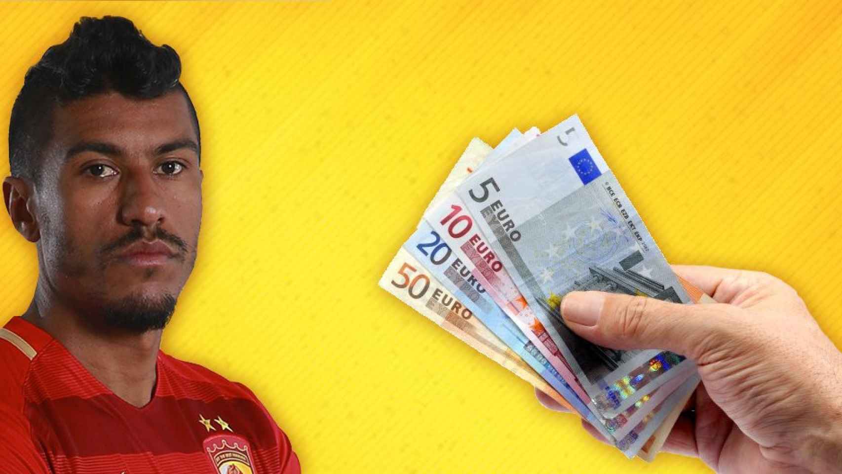 Paulinho, con la camiseta del Guangzhou, y una mano con 85 euros / FOTOMONTAJE DE CULEMANÍA