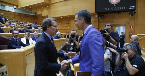El presidente del Gobierno, Pedro Sánchez, y el líder del PP Alberto Nuñez Feijóo, en el Senado / EFE - David Corral