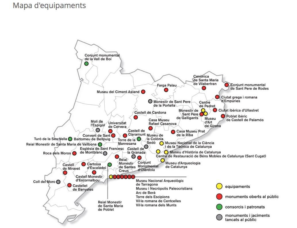 Mapa de equipamientos que gestiona la Agencia Catalana del Patrimonio Cultural