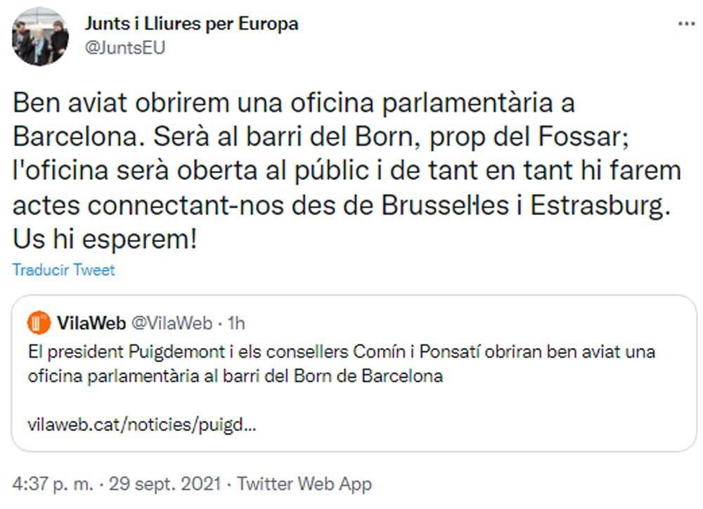 Junts i Lliures per Europa, anunciando la adquisición de su oficina en Barcelona / TWITTER