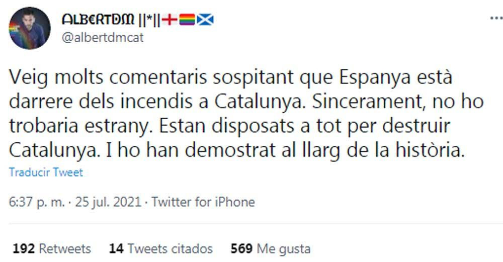 Tuit de Albert Donaire sobre los incendios en Cataluña