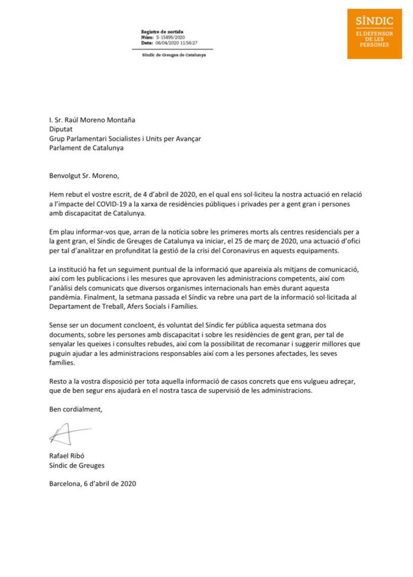 Carta del Síndic de Greuges al PSC sobre la situación de coronavirus
