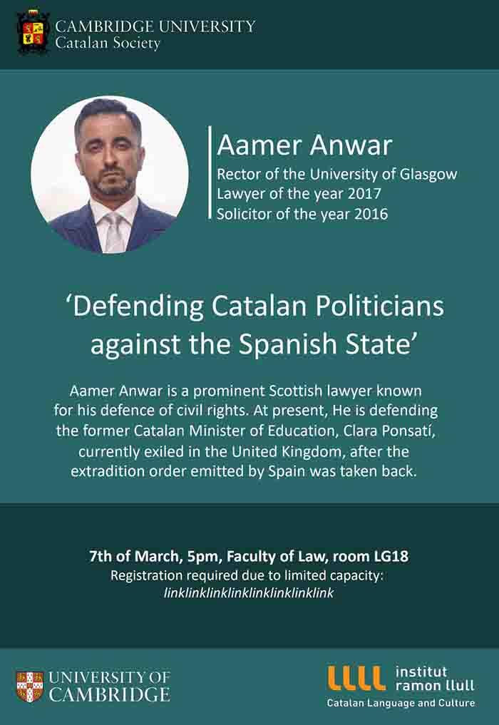 Cartel de la conferencia de Aamer Anwar en la Universidad de Cambridge