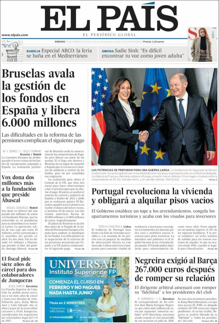 Portada de 'El País' del 18 de febrero de 2023