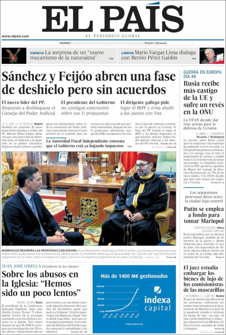 Portada de 'El País' del 8 de abril de 2022