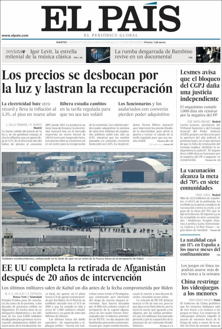 Portada de 'El País' del 31 de agosto de 2021 / KIOSKO.NET