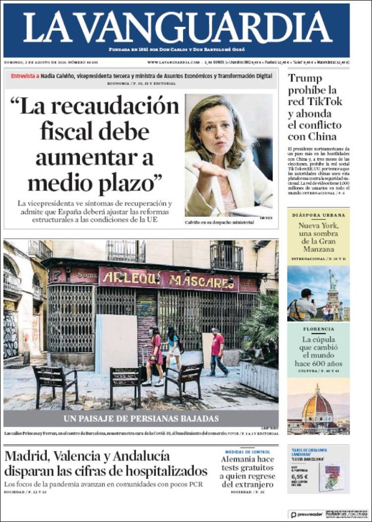 Portada de La Vanguardia, 2 de agosto de 2020