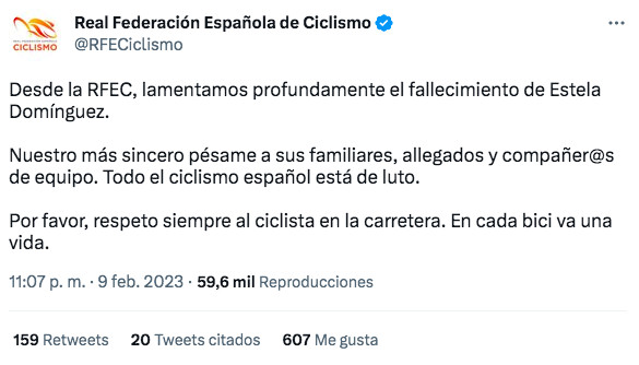 La Real Federación de Ciclismo lamenta la muerte de Estela en su cuenta de Twitter / TWITTER