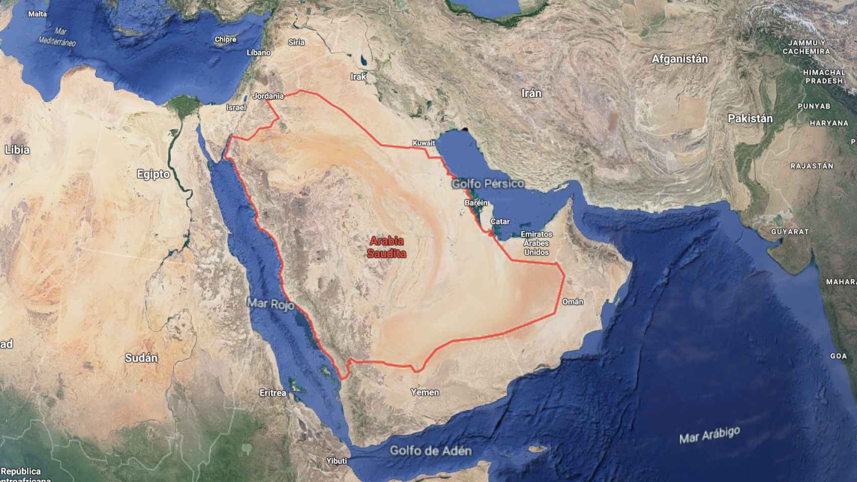 Mapa por satélite de Arabia Saudí, país en el que se ha originado el ataque contra plantas de petróleo / GOOGLE MAPS