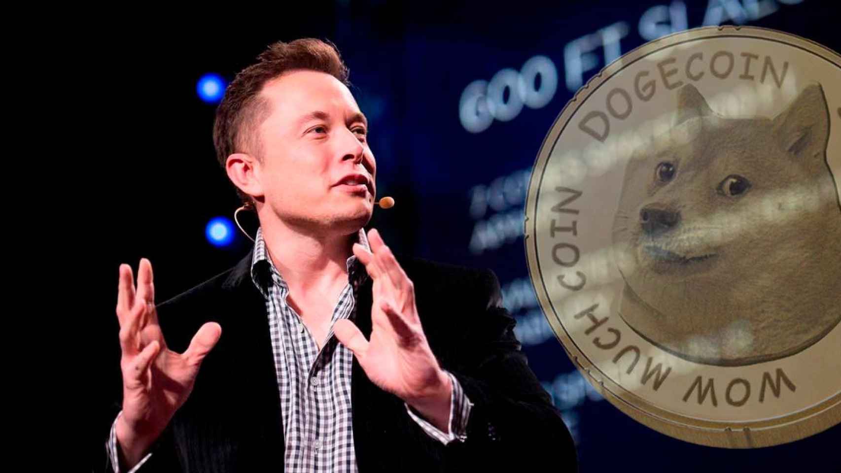 Elon Musk junto al símbolo de la criptomoneda 'meme' Dogecoin / WIKIPEDIA
