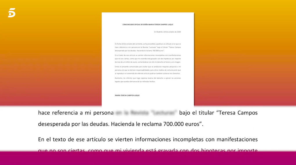 María Teresa Campos emite un comunicado para desmentir sus deudas con Hacienda / MEDIASET