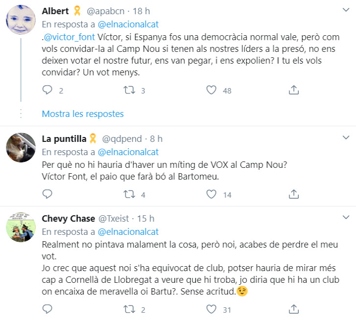 Respuesta de usuarios sobre las declaraciones de Víctor Font / Twitter