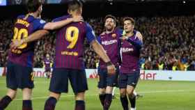 Los jugadores del FC Barcelona celebran el segundo tanto frente al Olympique de Lyon / EFE