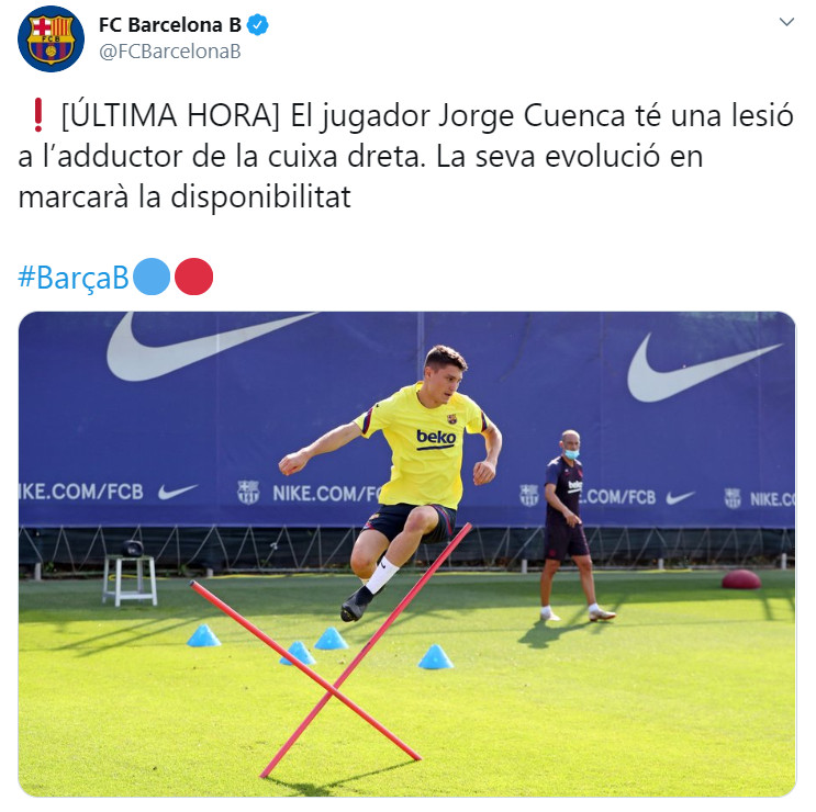 Publicación del Barça sobre el estado de Jorge Cuenca / FC Barcelona