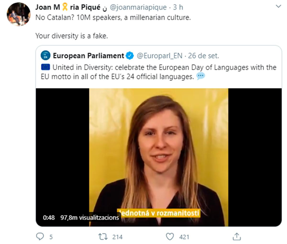 Joan Maria Piqué protesta en Twitter por el último mensaje de la UE