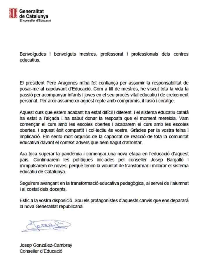 Carta del consejero de Educación Josep González Cambray a los directores de centros catalanes