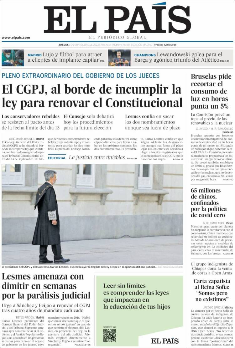 Portada de 'El País' del 8 de septiembre de 2022 / KIOSKO.NET