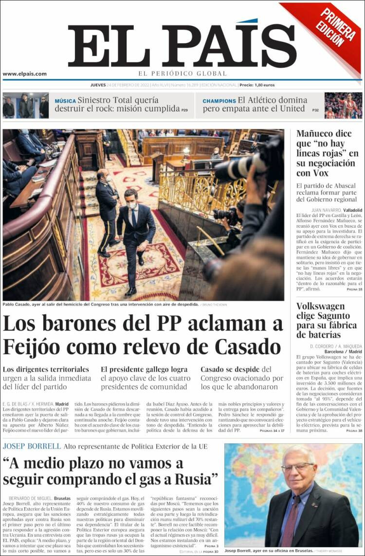 Portada de 'El País' del 24 de febrero de 2022