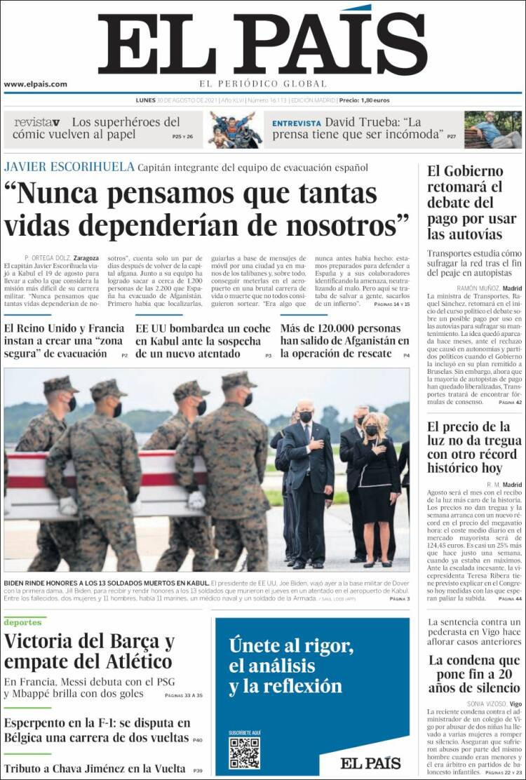 Portada de 'El País' del 30 de agosto de 2021 / KIOSKO.NET