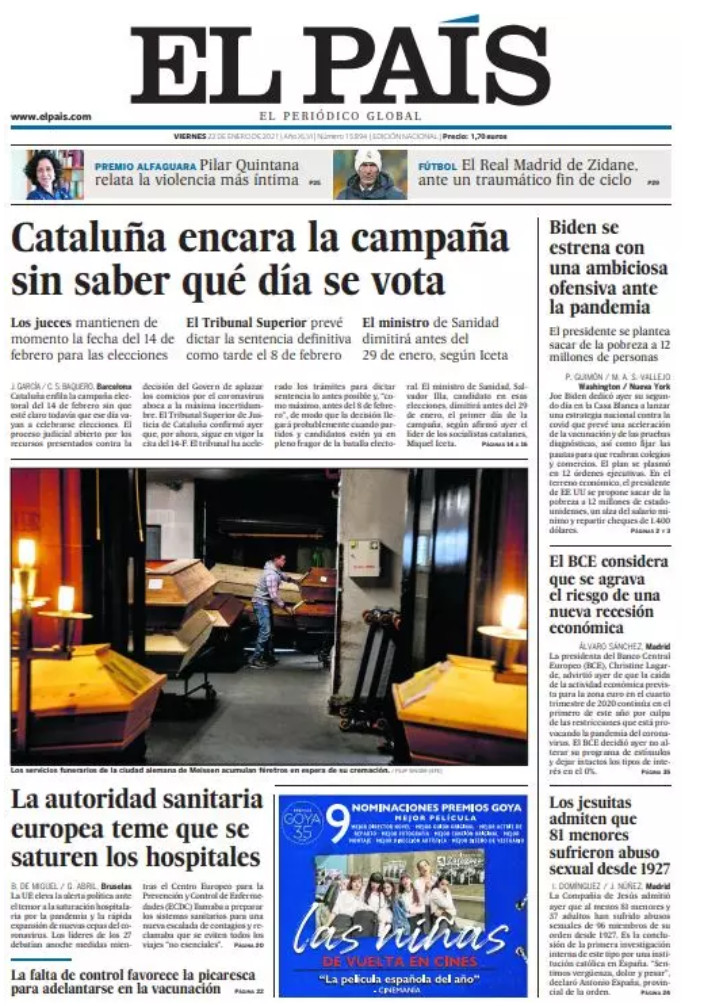 Portada de 'El País' del 22 de enero de 2021 / EL PAÍS