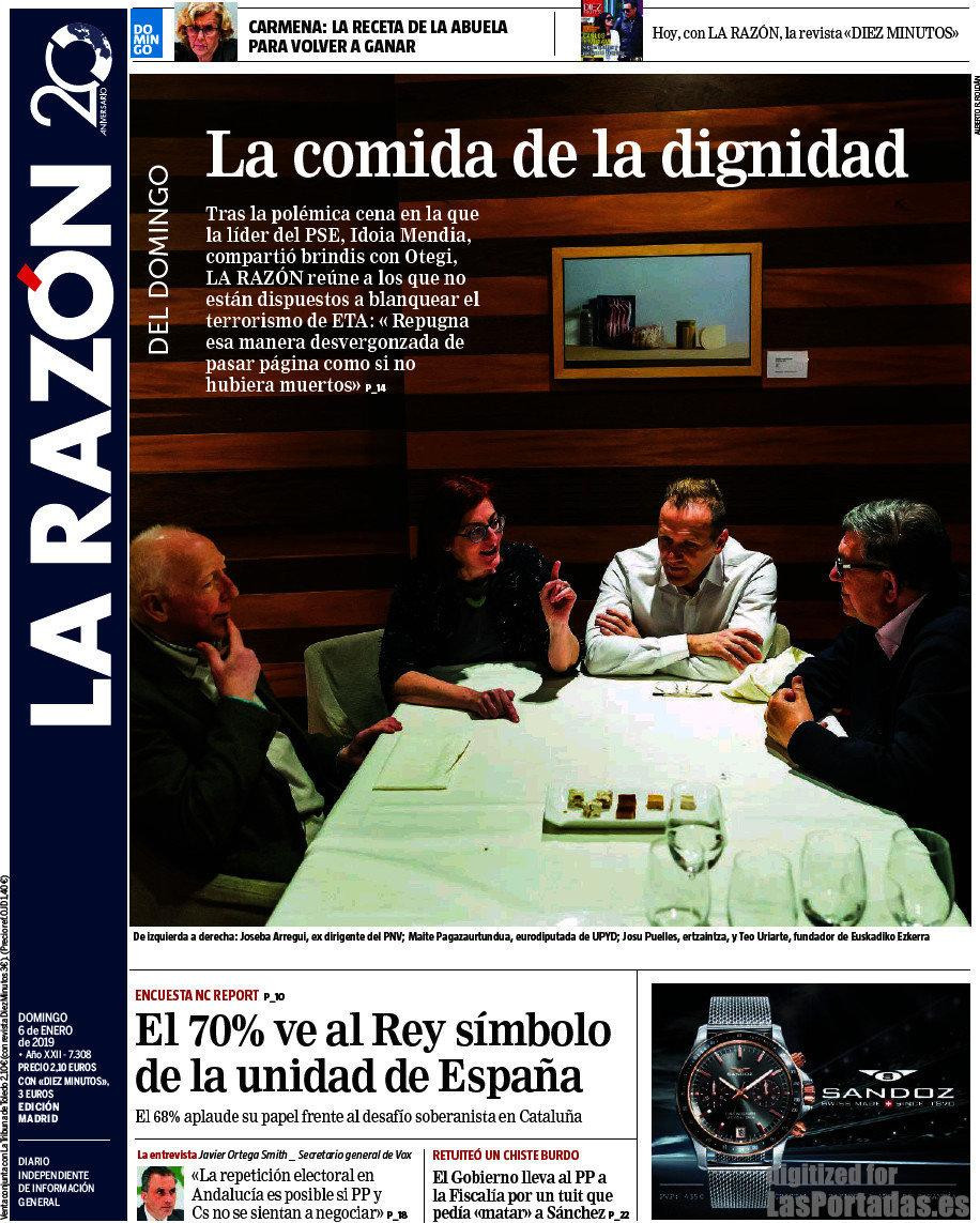 Portada del diario 'La Razón' del 6 de enero de 2019