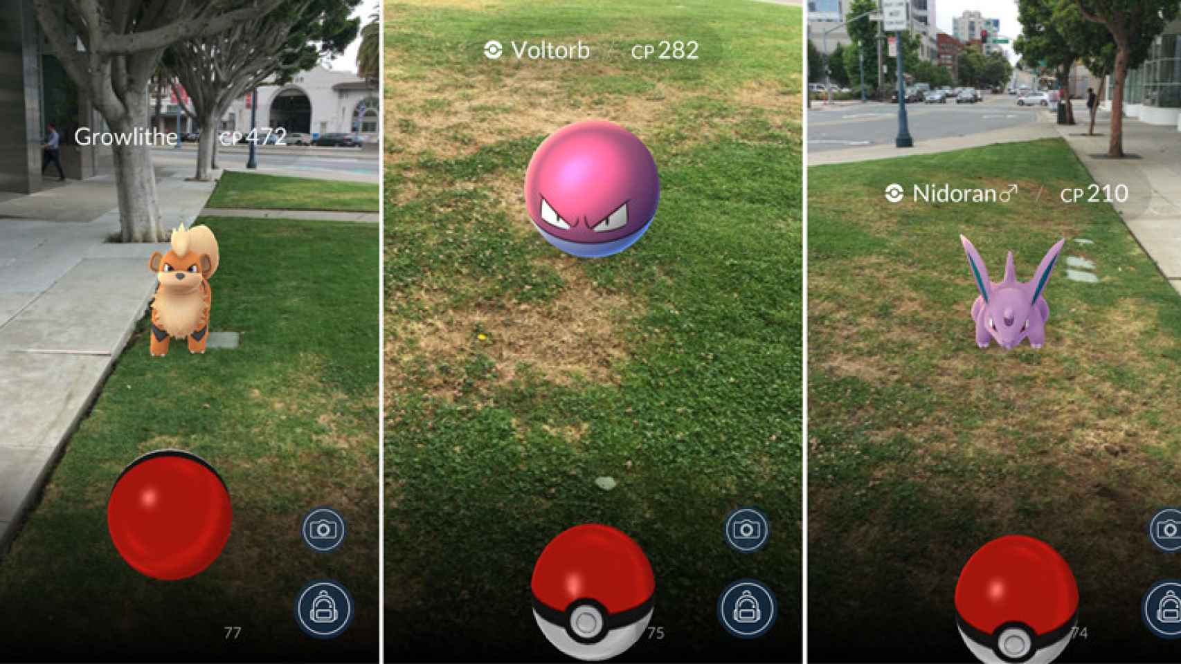 Tres capturas de pantalla de Pokémon Go.