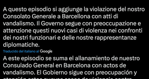 Tuit de Giorgia Meloni tras el ataque vandálico de este viernes al consulado italiano en Barcelona
