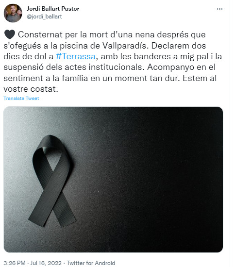 Mensaje de pésame del alcalde de Terrassa, Jordi Ballart / TWITTER