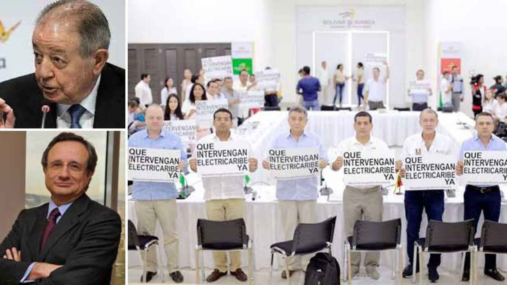 Salvador Gabarró (arriba), Villaseca (abajo) y una imagen de los gobernadores caribeños de Colombia pidiendo la nacionalización de la filial de Gas Natural Fenosa.