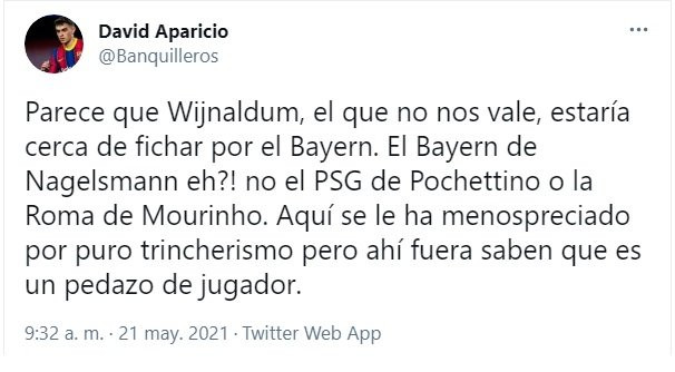 Un usuario molesto con el posible fichaje de Wijnaldum por el Bayern /Twitter