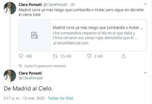 Tuit de Clara Ponsatí sobre el coronavirus / Twitter