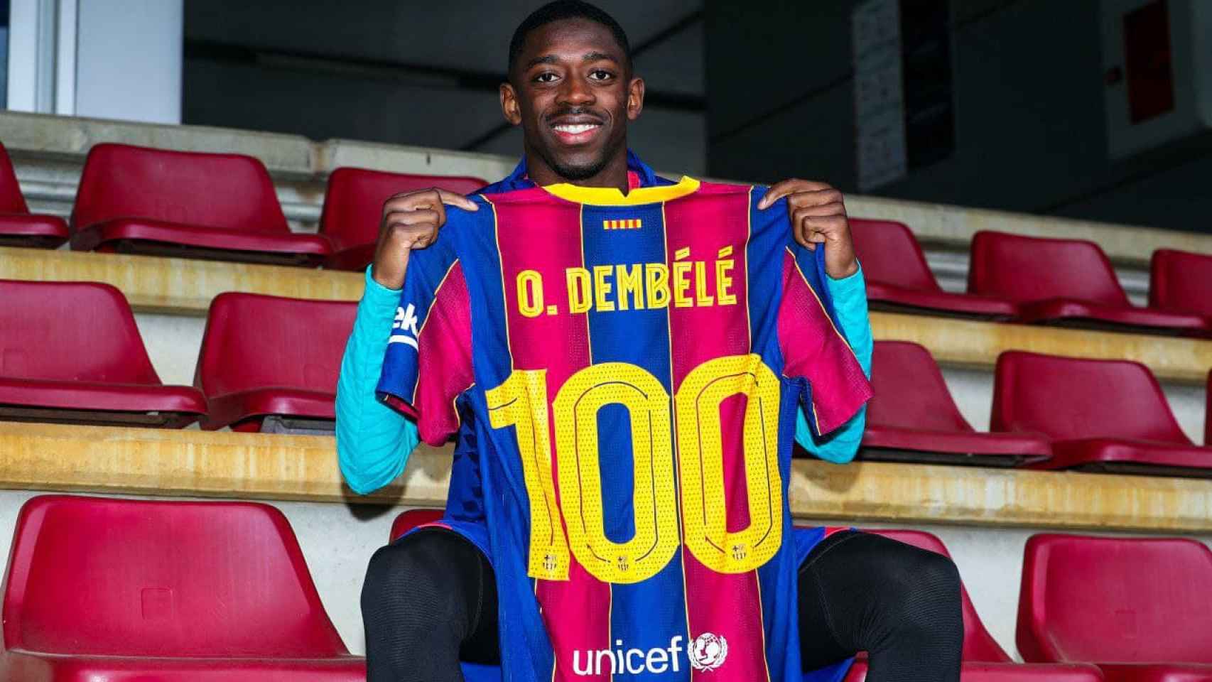 Dembelé celebrando su partido número 100 con el Barça / FC Barcelona