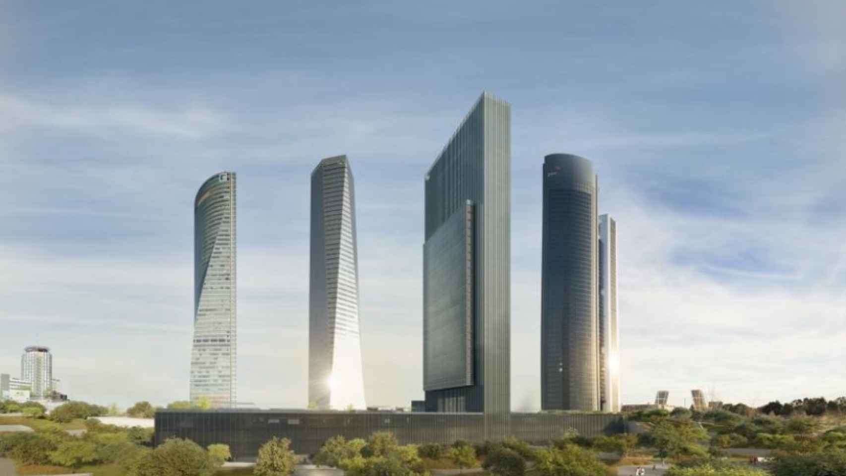 Recreación de la Torre Caleido, tercera por la izquierda, que será el quinto rascacielos del Complejo Cuatro Torres, que cambiará de nombre / CALEIDO