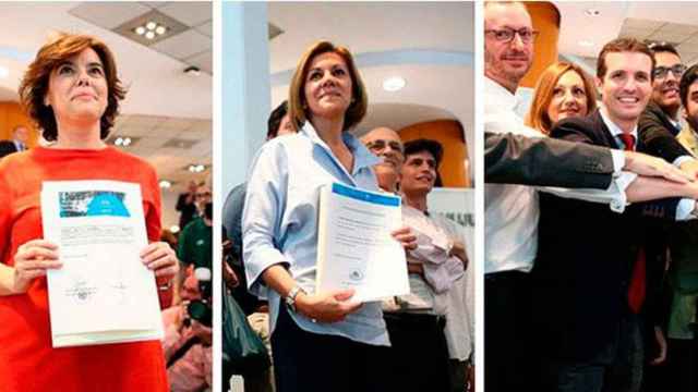 Los tres candidatos con más probabilidades en las primarias del PP, Soraya Sáenz de Santamaría, María Dolores de Cospedal y Pablo Casado / EP