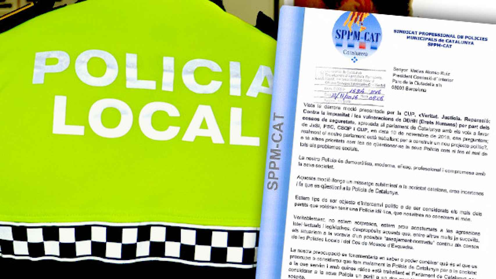 Fotomontaje de un uniforme de la policía local junto a la carta enviada por el sindicato SPPM-Cat