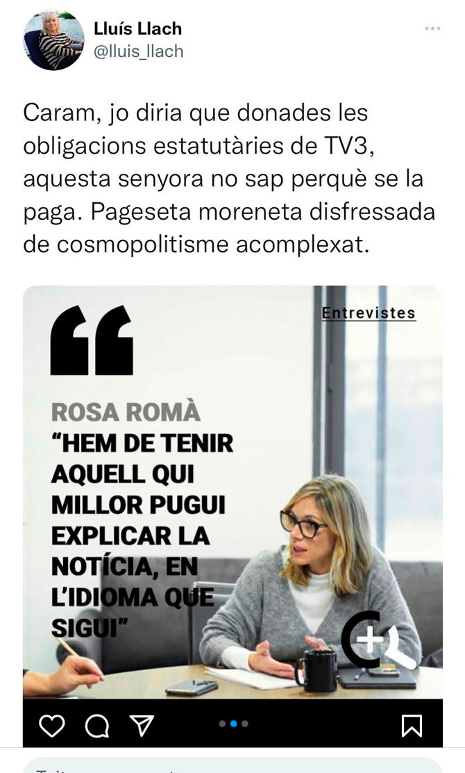 El tuit inicial de Lluís Llach sobre Rosa Romà / CG
