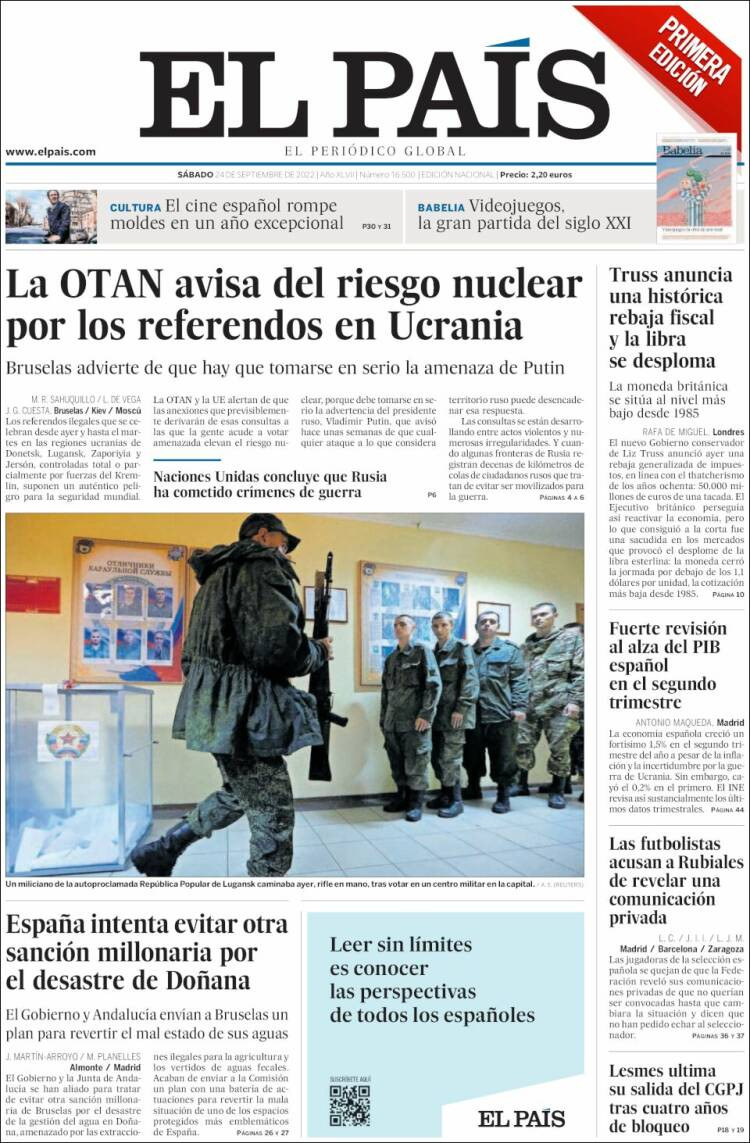 Portada de 'El País' del 24 de septiembre 2022 / Kiosko