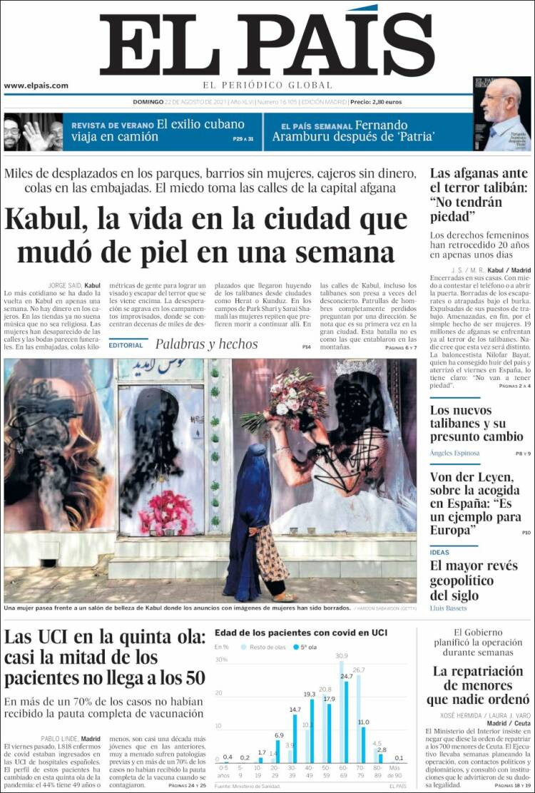 La portada de 'El País' del domingo 22 de agosto de 2021 / EL PAÍS