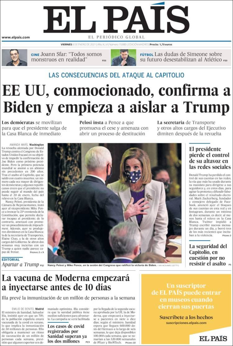 Portada de 'El País' del viernes 8 de enero
