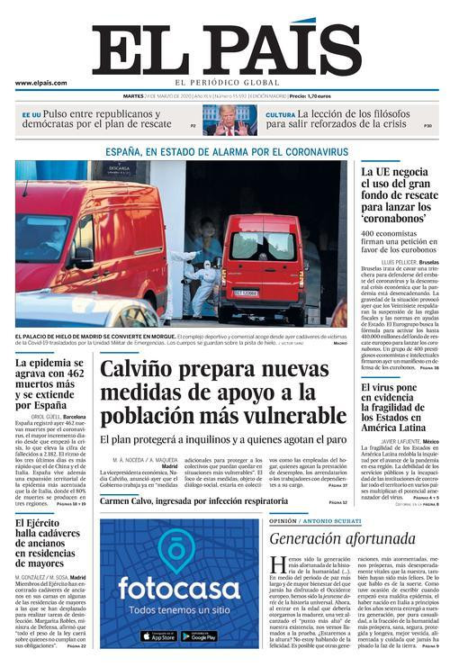 Portada de 'El País' del 24 de marzo de 2020