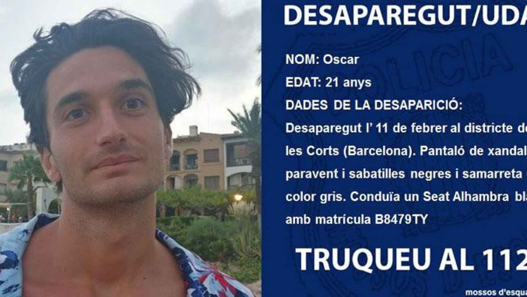 El joven de 21 años desapareció el 11 de febrero en Barcelona / MOSSOS