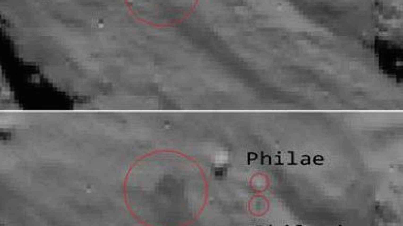 Entre estas dos instantáneas captadas por Rosetta se observa como aparece una mancha oscura, que los científicos relacionan con la nube de polvo que originó el primer aterrizaje del robot Philae, que también aparece con su sombra sobre el cometa.
