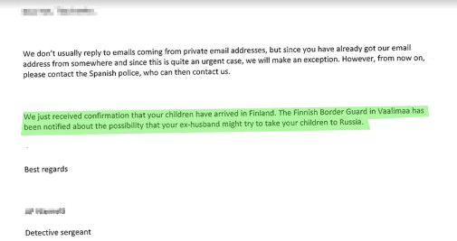El correo de la policía finlandesa que confirma que Tkachenko se encuentra en Finlandia / CG