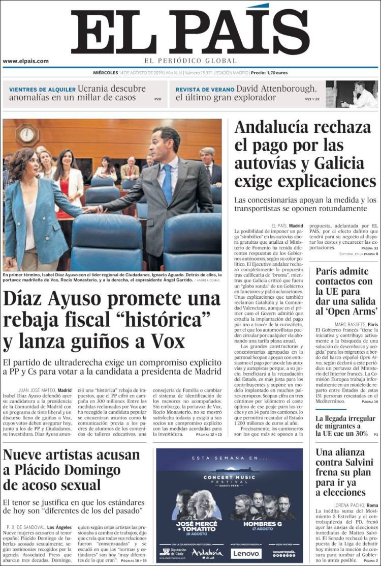 Portada de 'El País' del miércoles 14 de agosto