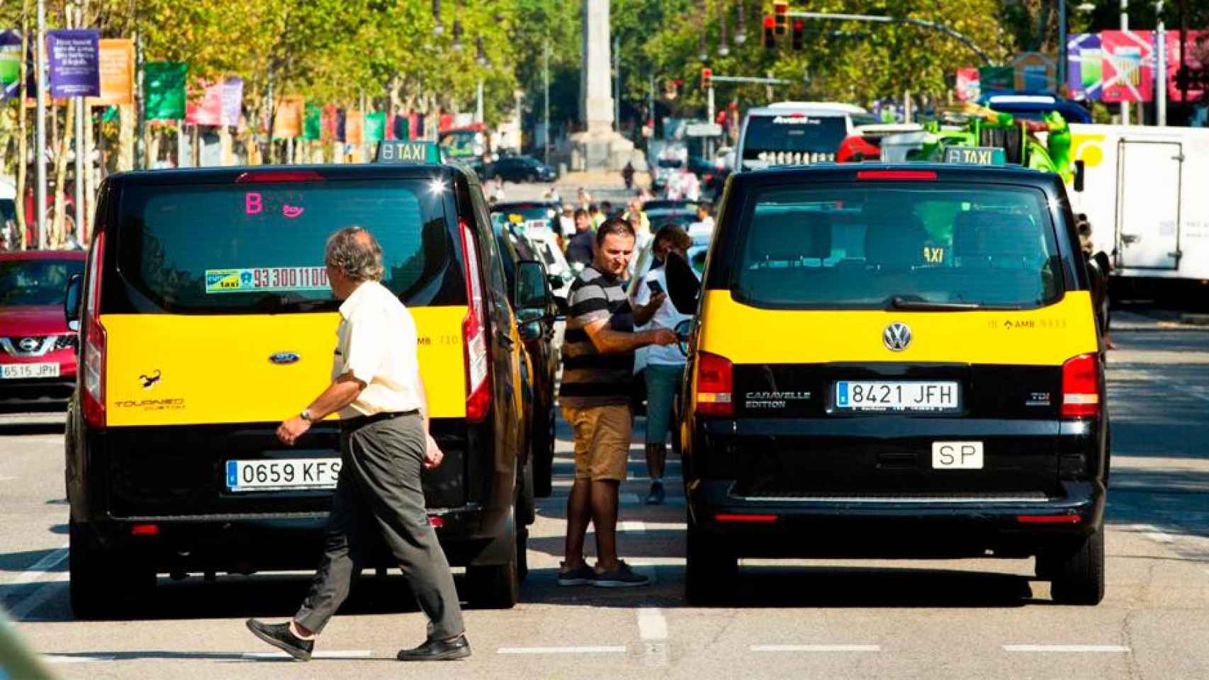Imagen de taxistas en huelga en Barcelona en verano de 2018 / EFE