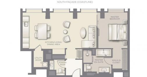 Plano del apartamento de una habitación de las Mandarin Residences / CG