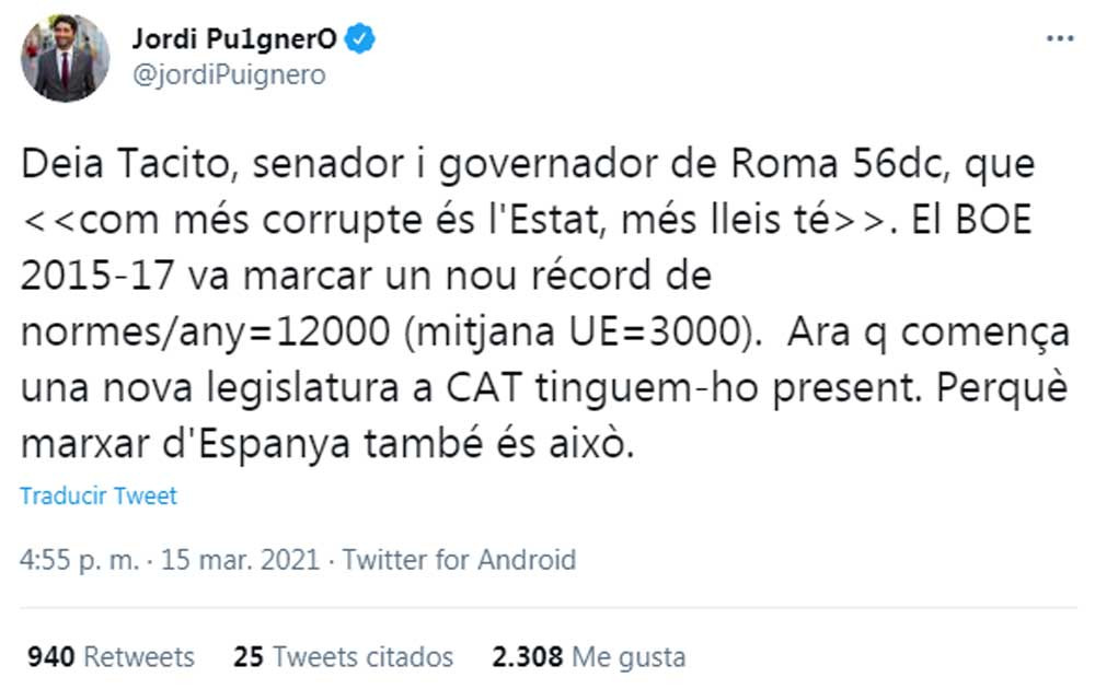 El 'conseller' Jordi Puigneró, criticando a España en su perfil de Twitter
