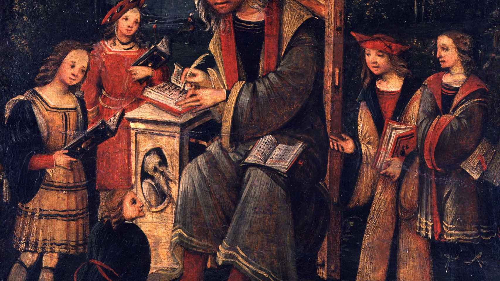 Un maestro medieval sentado en su cátedra junto a sus discípulos (1505) / MAESTRO DE VIOLANTRIA